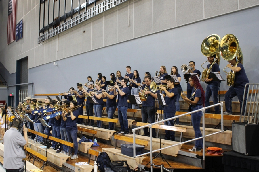 Full band playing in the stands.