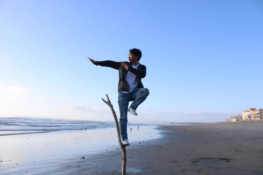 Boy making a fighting pose while standing on a stick.
