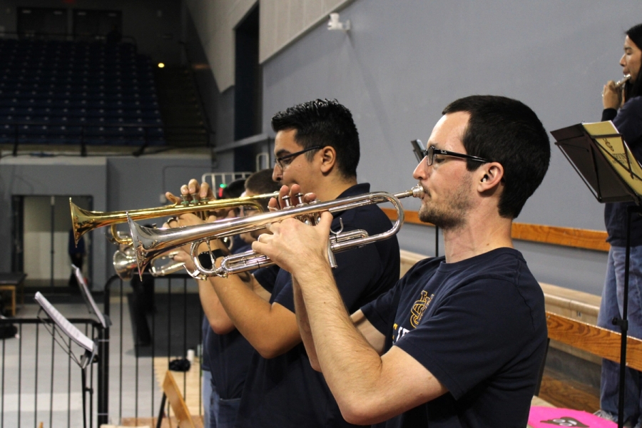 Side POV of trumpets.