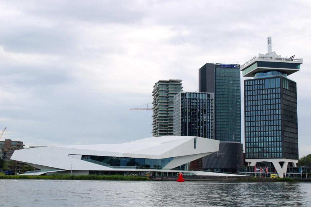 Abstract building on the river.