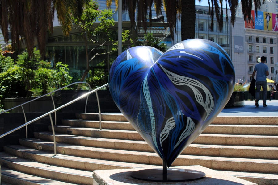 Heart sculpture at bottom of stairs.