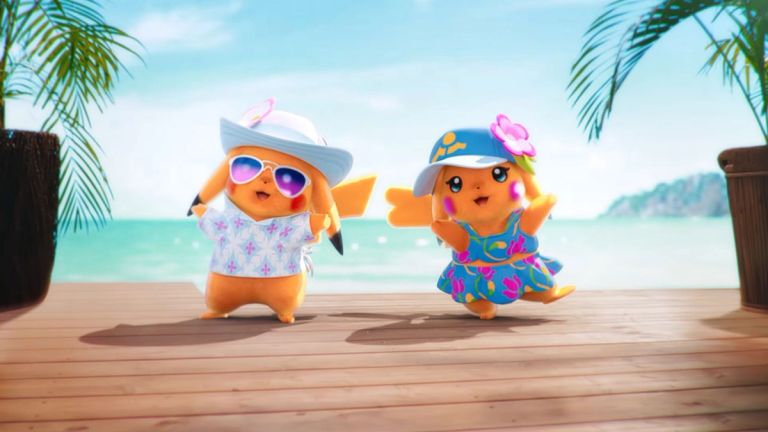 Two Pikachus in themed costumes in Pokemon Winds and Waves