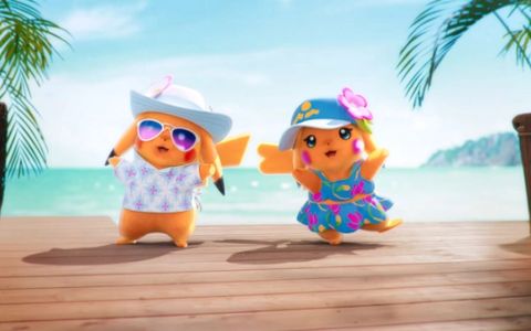 Two Pikachus in themed costumes in Pokemon Winds and Waves