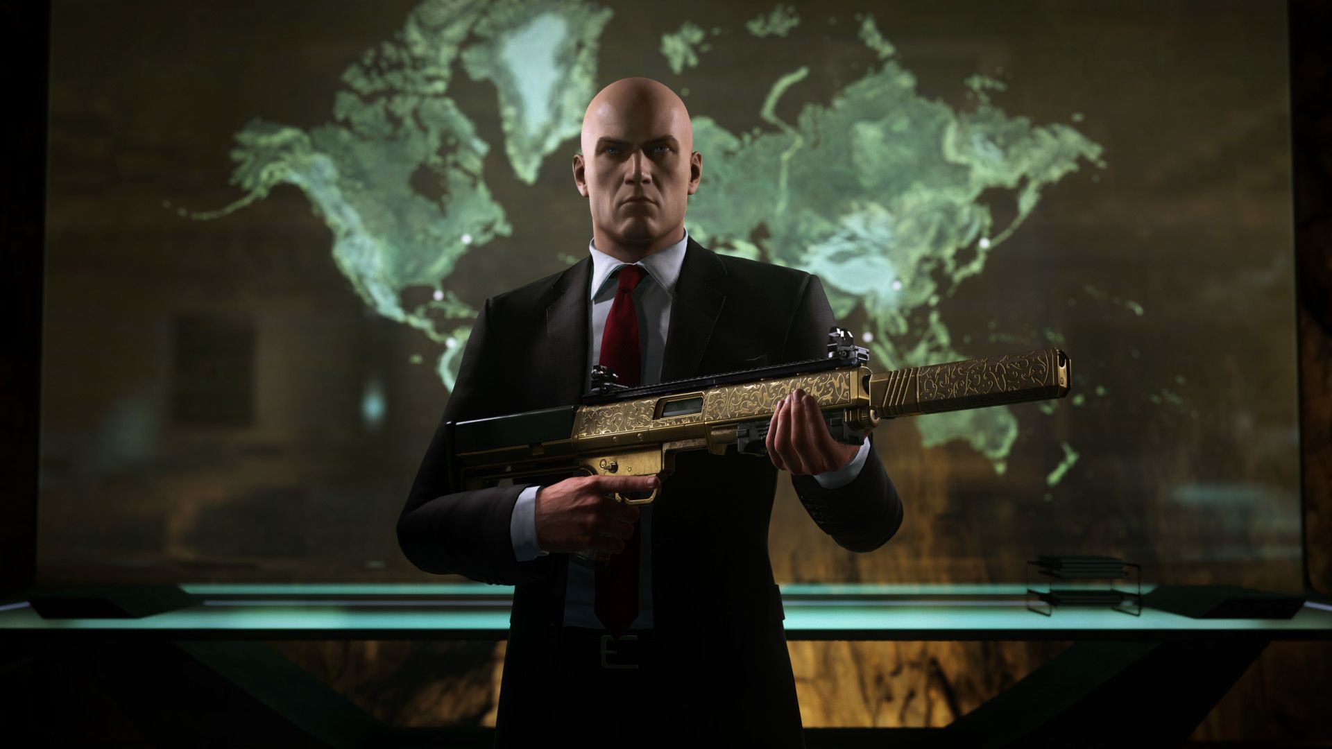 Agent 47 holding a golden gun in Hitman: World of Assassination