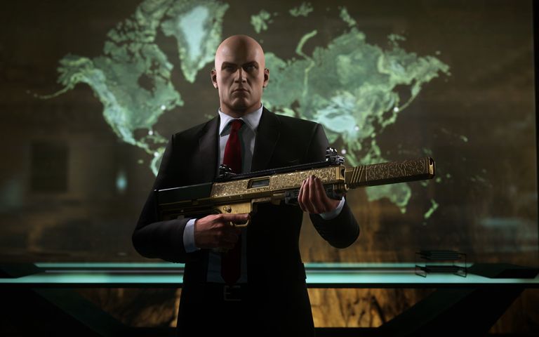 Agent 47 holding a golden gun in Hitman: World of Assassination