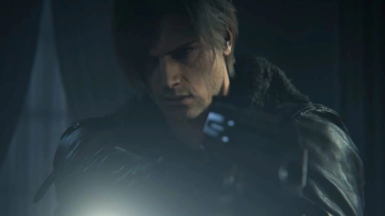 Resident Evil Requiem: Close-up of Leon S. Kennedy in a dark interior.