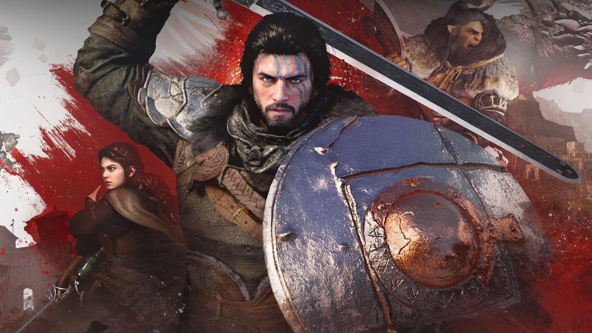 Artwork for Crimson Desert, which depicts its main character alongside several others