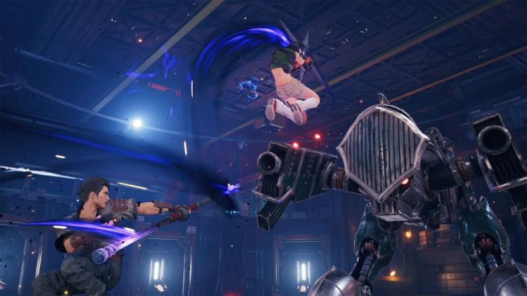Yuffie and her companion fighting a robot in Final Fantasy VII Remake Intergrade