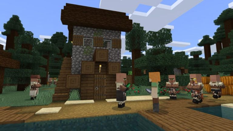 Minecraft: Villagers stand by a wooden and cobblestone house beside a waterway.
