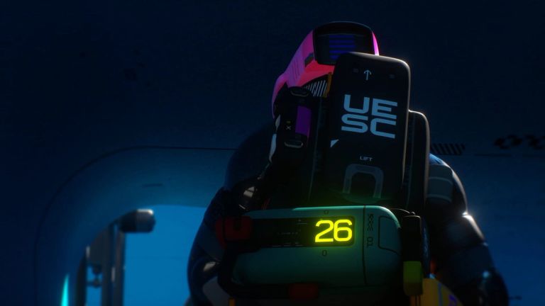 Marathon: An armored figure wears a UESC-marked backpack with a glowing yellow 26 display.