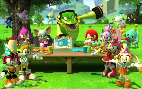The assembled cast of Sonic x Shadow Generations with a birthday cake for Sonic