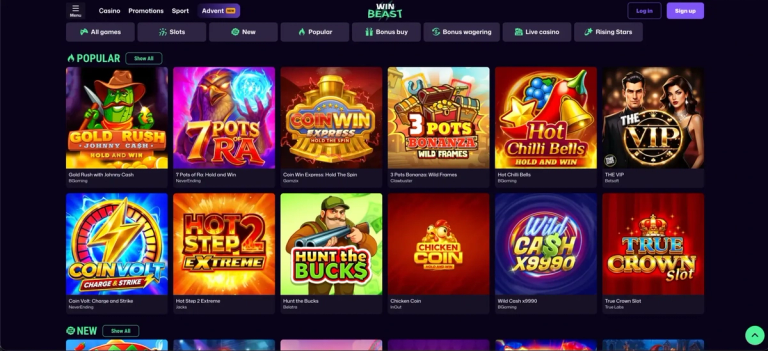WinBeast casino lobby showing popular slot tiles