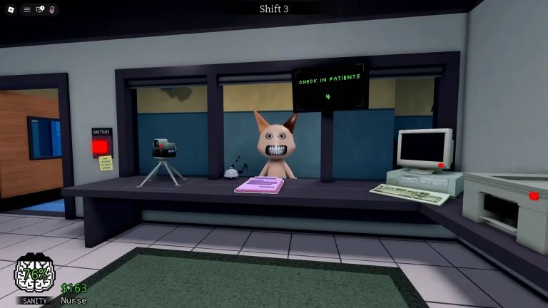 Animal Hospital Roblox gameplay showing a strange animal patient at the reception desk