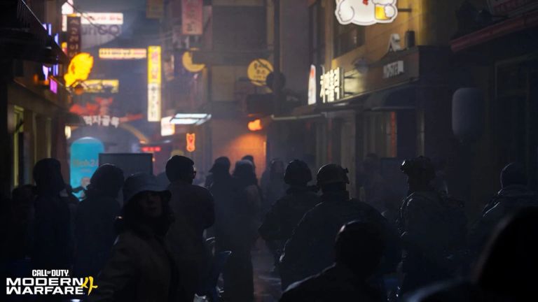 Call of Duty: Modern Warfare 4 — a crowd and helmeted soldiers in a neon-lit street at night.