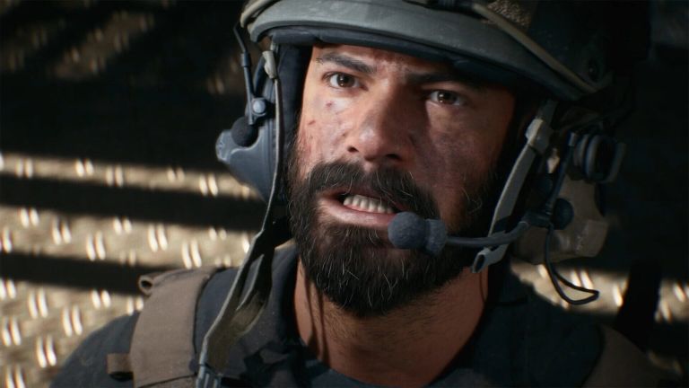 Battlefield 6: Close-up of a bearded soldier wearing a helmet and boom-microphone headset.