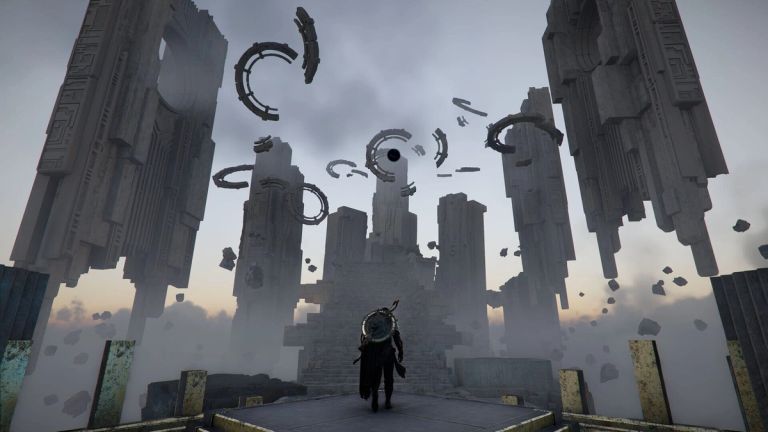 Crimson Desert: A figure faces floating stone towers and broken rings above a staircase.