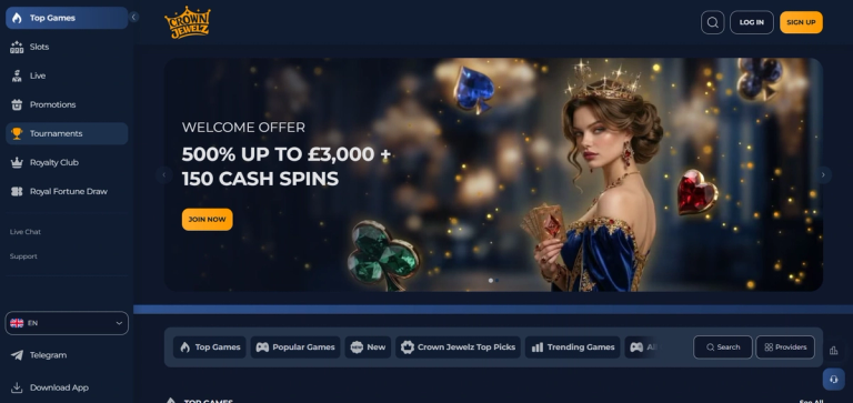 Crownjewels welcome offer showing 500% up to £3,000 plus 150 cash spins
