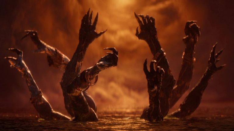 Saros: Multiple dark, clawed arms reach upward from shallow water in orange light.