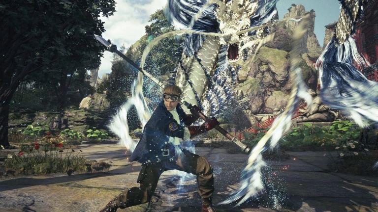 A man with a sword fights a large creature amid swirling effects.