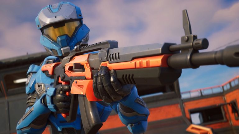 A Spartan-looking character with a rifle in Fortnite