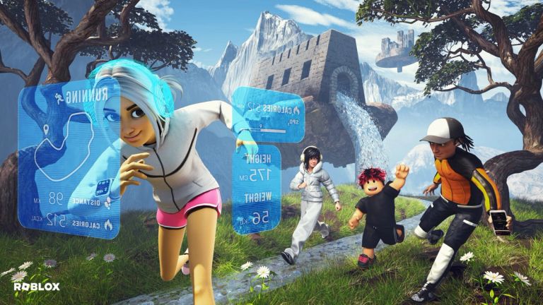 Roblox runners on a mountain trail pass a stone tower with blue race information panels in view.