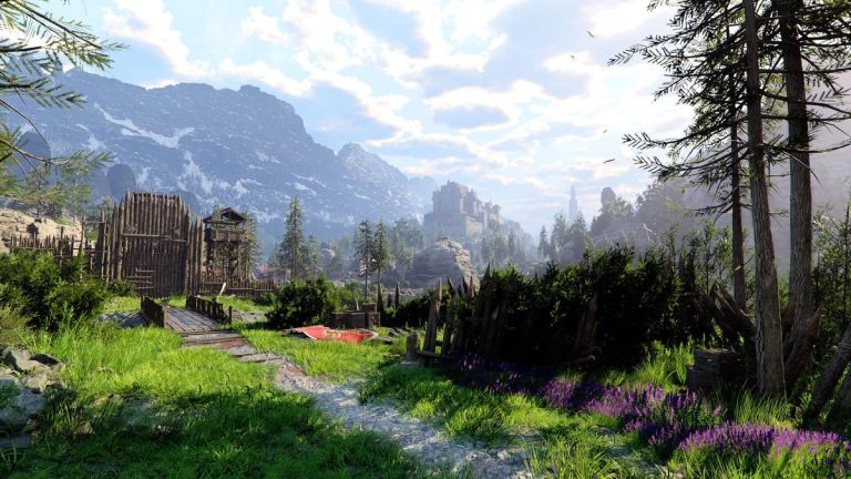 Crimson Desert: A wooden palisade and watchtower overlook a forest path and distant castle.