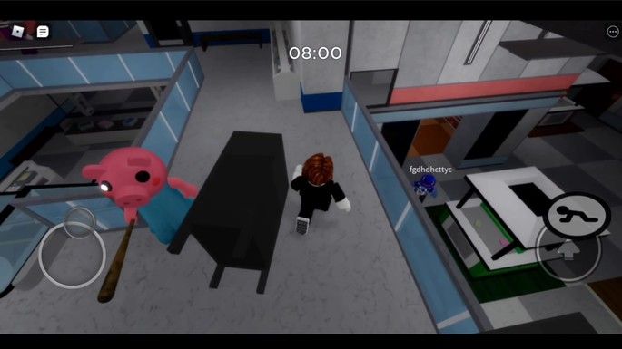 Piggy Roblox gameplay showing the pink bat-wielding Piggy chasing an avatar indoors