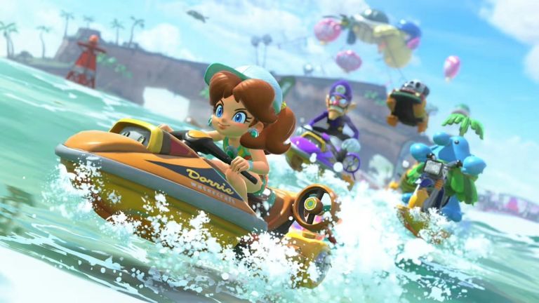 Mario Kart World: Daisy drives a boat through choppy water, with Waluigi and other racers behind.