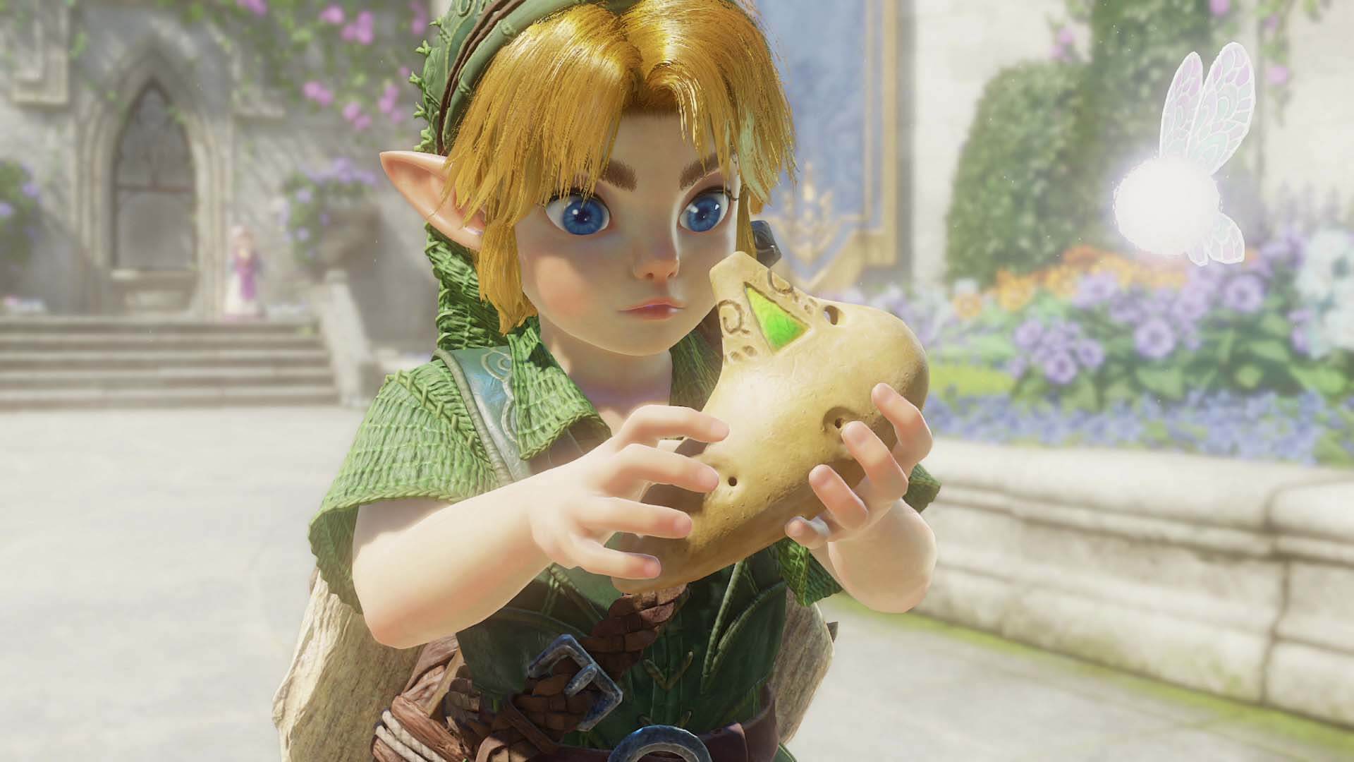 Link holding his ocarina in The Legend of Zelda: Ocarina of Time (the remade version)
