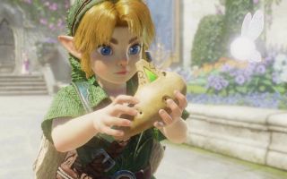 Link holding his ocarina in The Legend of Zelda: Ocarina of Time (the remade version)