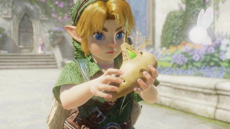 Link holding his ocarina in The Legend of Zelda: Ocarina of Time (the remade version)