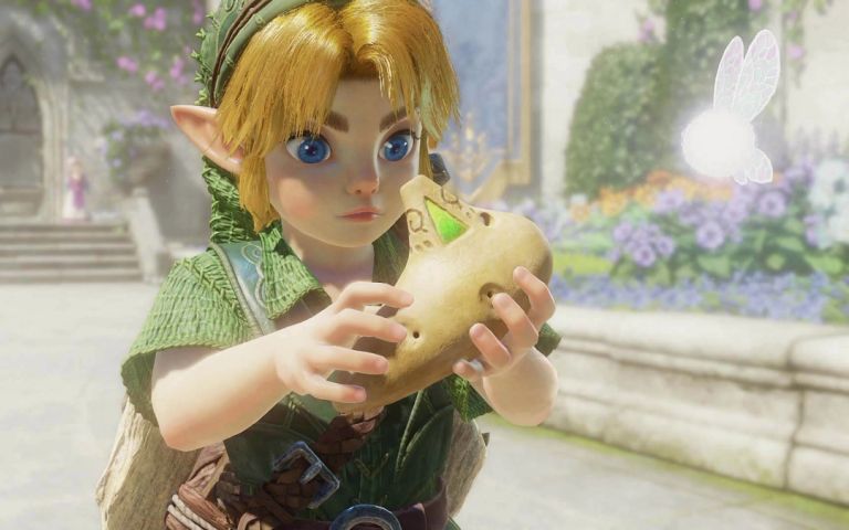 Link holding his ocarina in The Legend of Zelda: Ocarina of Time (the remade version)