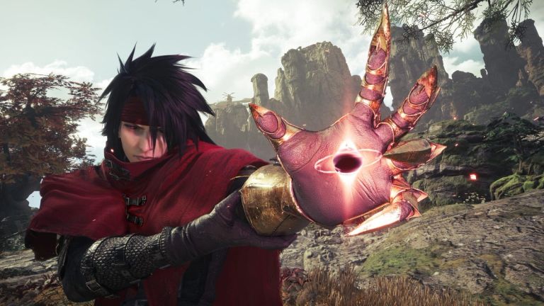 A red-cloaked character holds out a hand with a glowing orb.