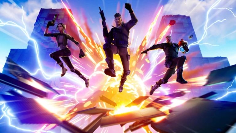 Fortnite: Three armed characters leap above an explosion surrounded by blue electrical arcs.