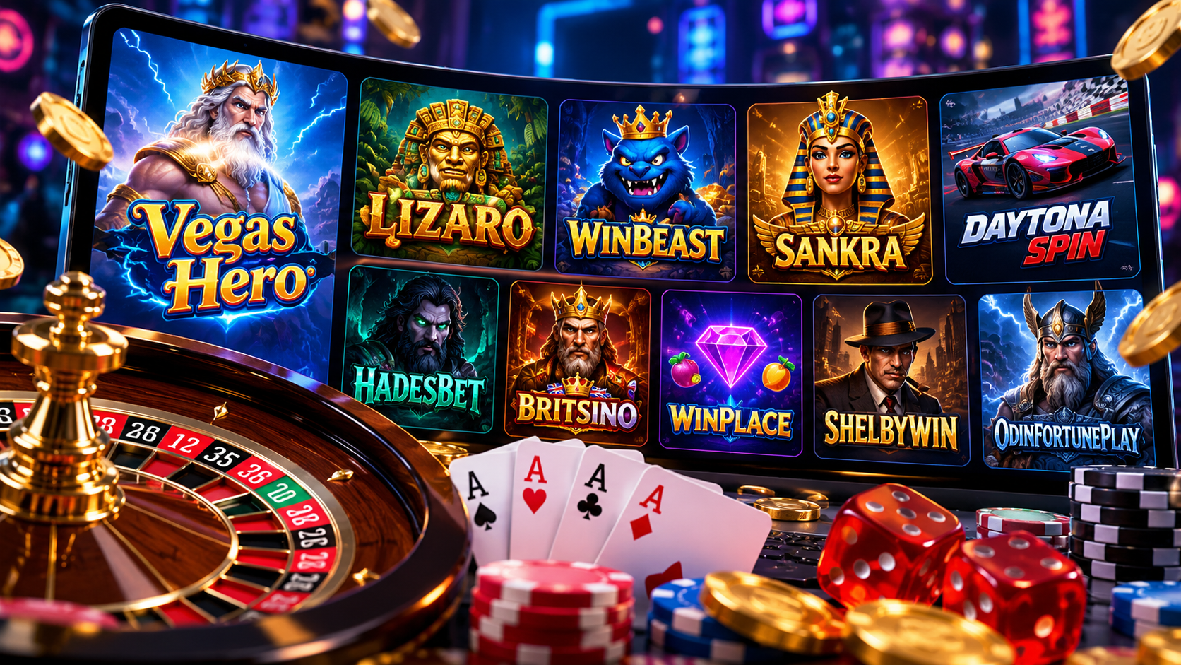 Casino game tiles including Vegas Hero, Lizaro, Winbeast and Daytona Spin above a roulette wheel, cards and chips