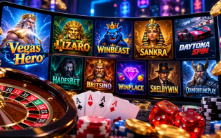 Casino game tiles including Vegas Hero, Lizaro, Winbeast and Daytona Spin above a roulette wheel, cards and chips