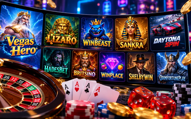 Casino game tiles including Vegas Hero, Lizaro, Winbeast and Daytona Spin above a roulette wheel, cards and chips