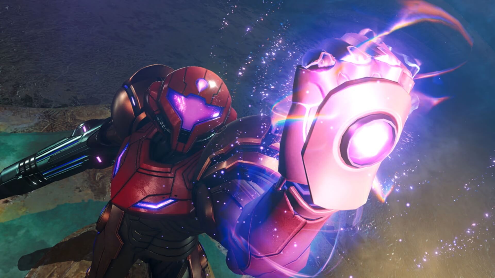 Samus holding up a shield in Metroid Prime 4