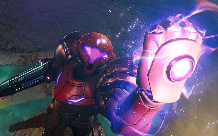 Samus holding up a shield in Metroid Prime 4