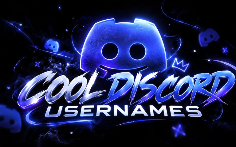 Cool Discord Usernames title in neon lettering beneath a glowing blue Discord logo