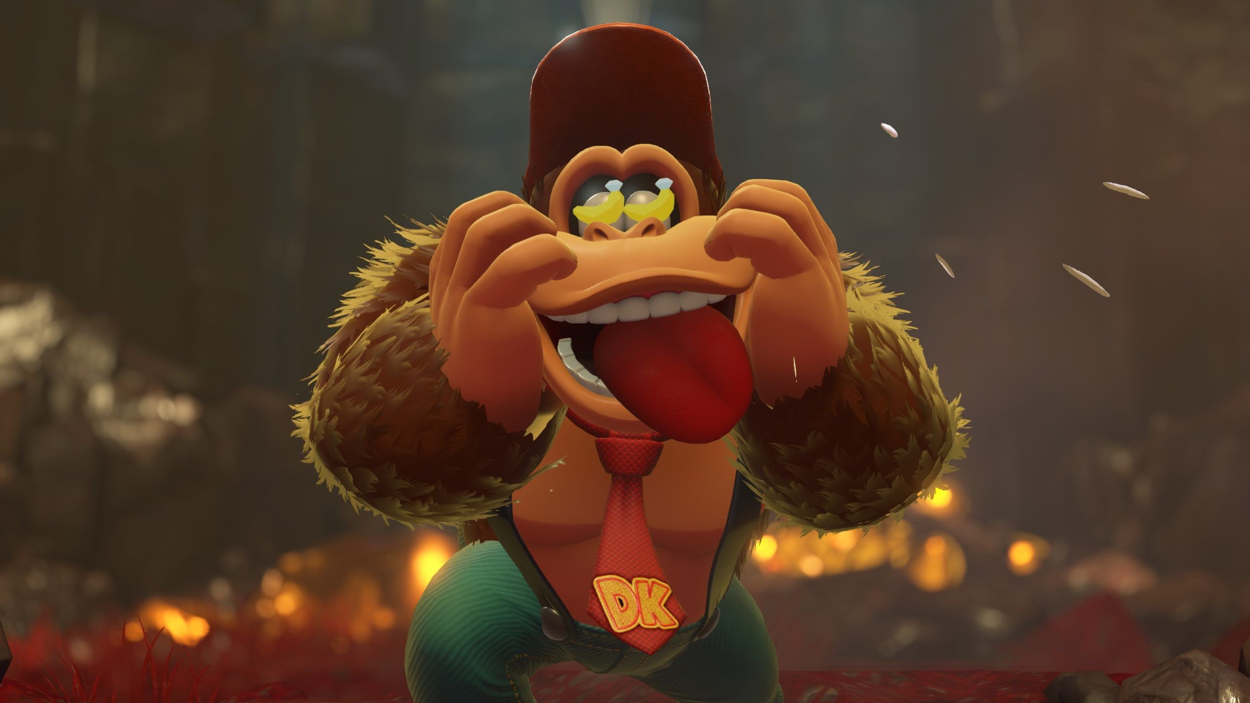 Donkey Kong with banana symbols in his eyes in Donkey Kong Bananza
