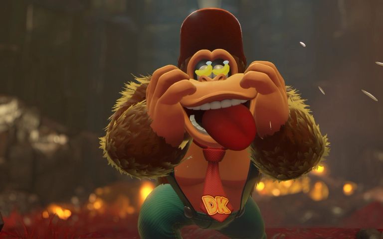 Donkey Kong with banana symbols in his eyes in Donkey Kong Bananza