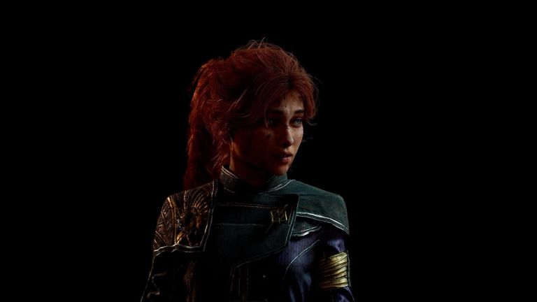 Clair Obscur: Expedition 33 — Portrait of a red-haired woman in dark armor against black.