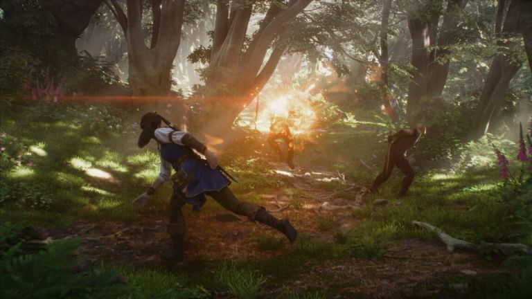 Fable: A woman runs through a forest while a bright magical burst erupts nearby.