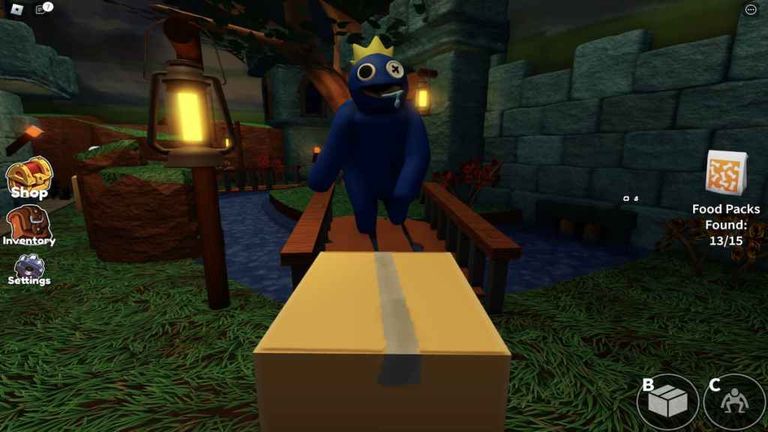 Rainbow Friends Roblox gameplay showing the Blue monster approaching a player hiding in a box