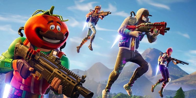 Fortnite: A tomato-headed fighter and three armed characters leap above a mountainous landscape.