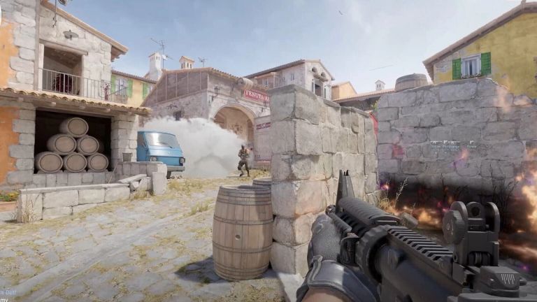Counter-Strike 2: A rifle points toward a soldier and blue van through smoke in a stone courtyard.