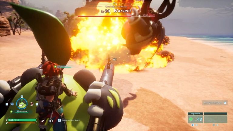 Palworld: A rider on a green mount attacks Warsect amid flames on a beach.