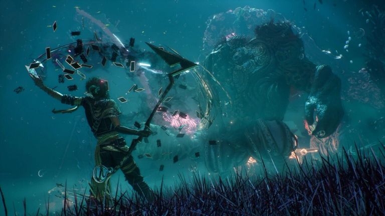 Clair Obscur: Expedition 33 — An armored man reaches toward a huge creature underwater.