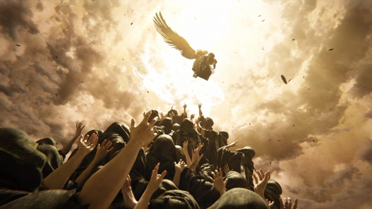 A figure descends through a bright sky above a crowd reaching upward.
